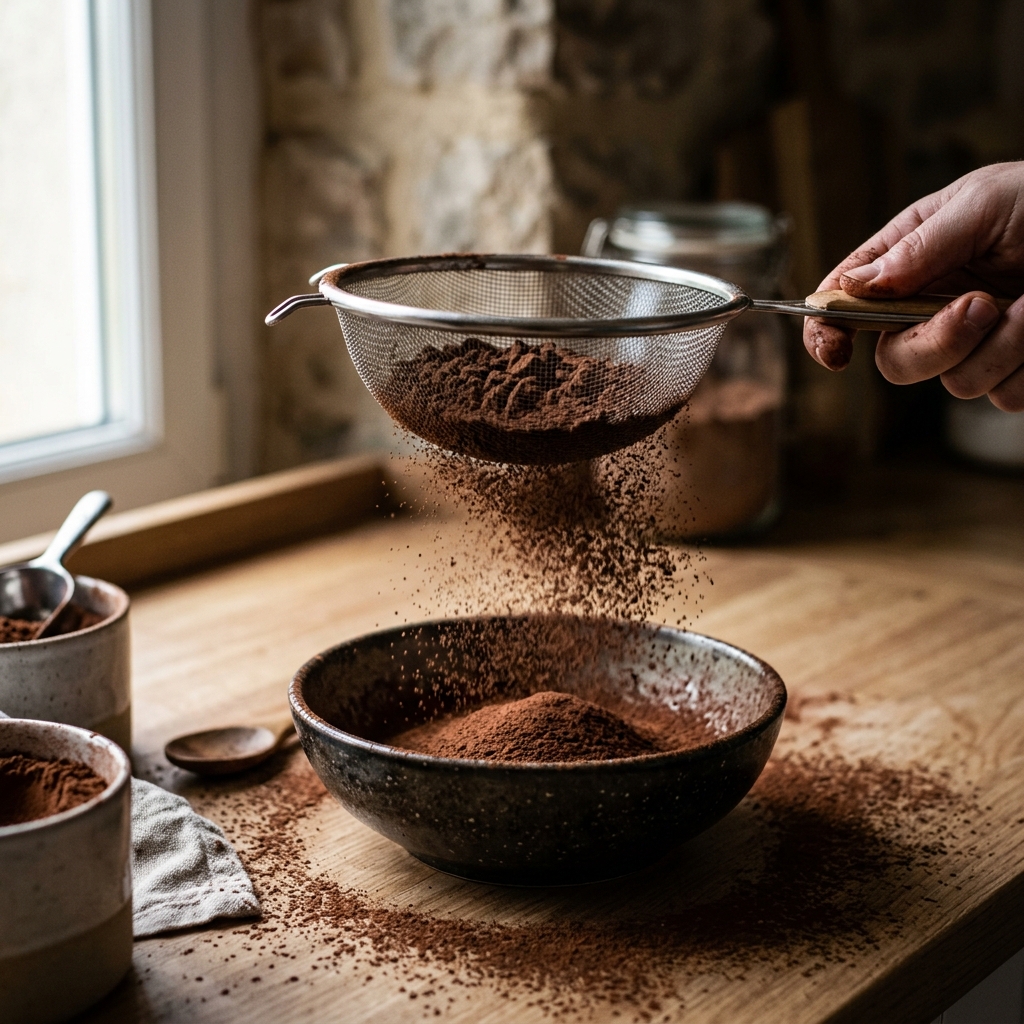 Sifting cocoa powder into a bowl on a kitchen scale