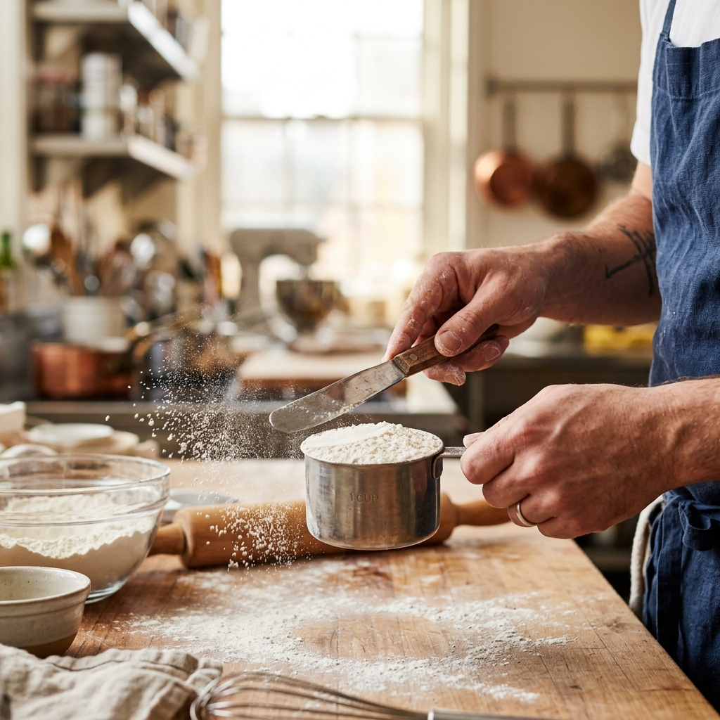 Baking ingredients on kitchen counter with digital scale