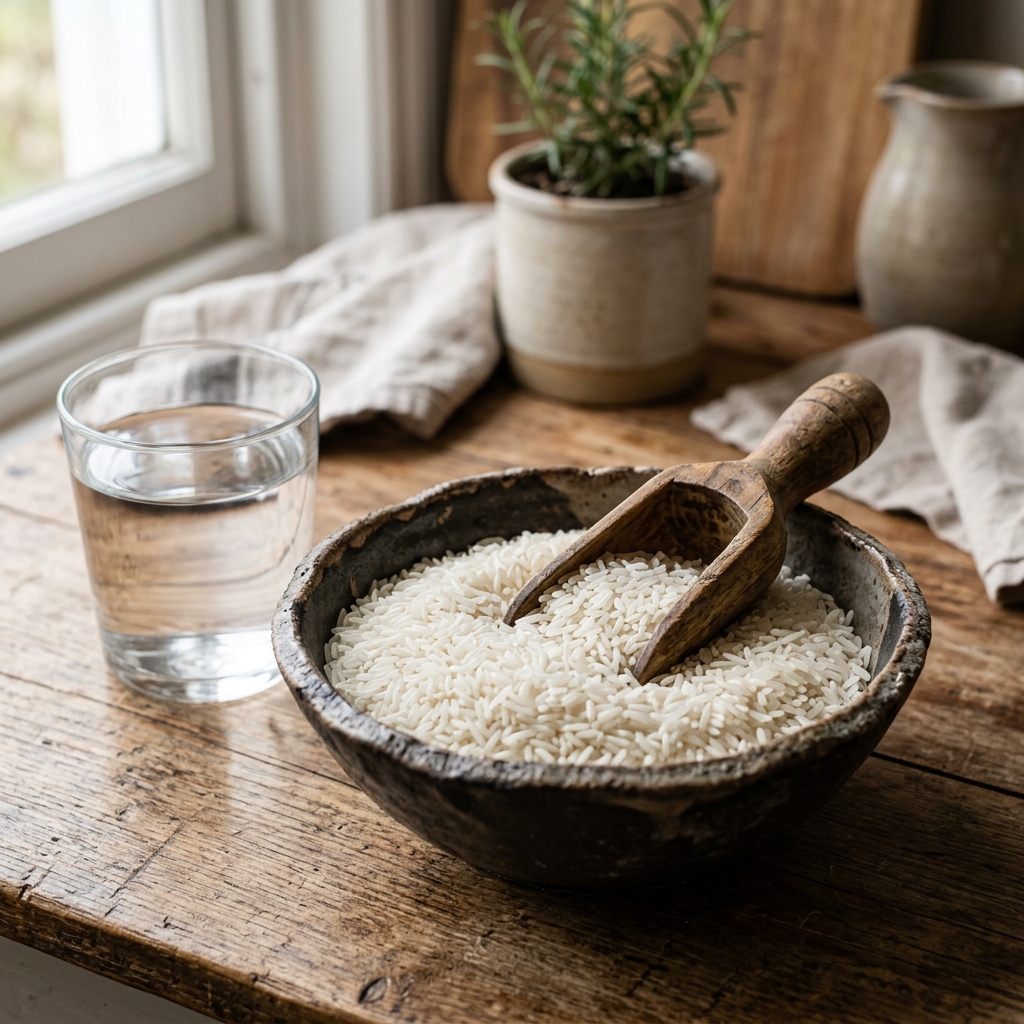 Cooked rice in a serving bowl on scale