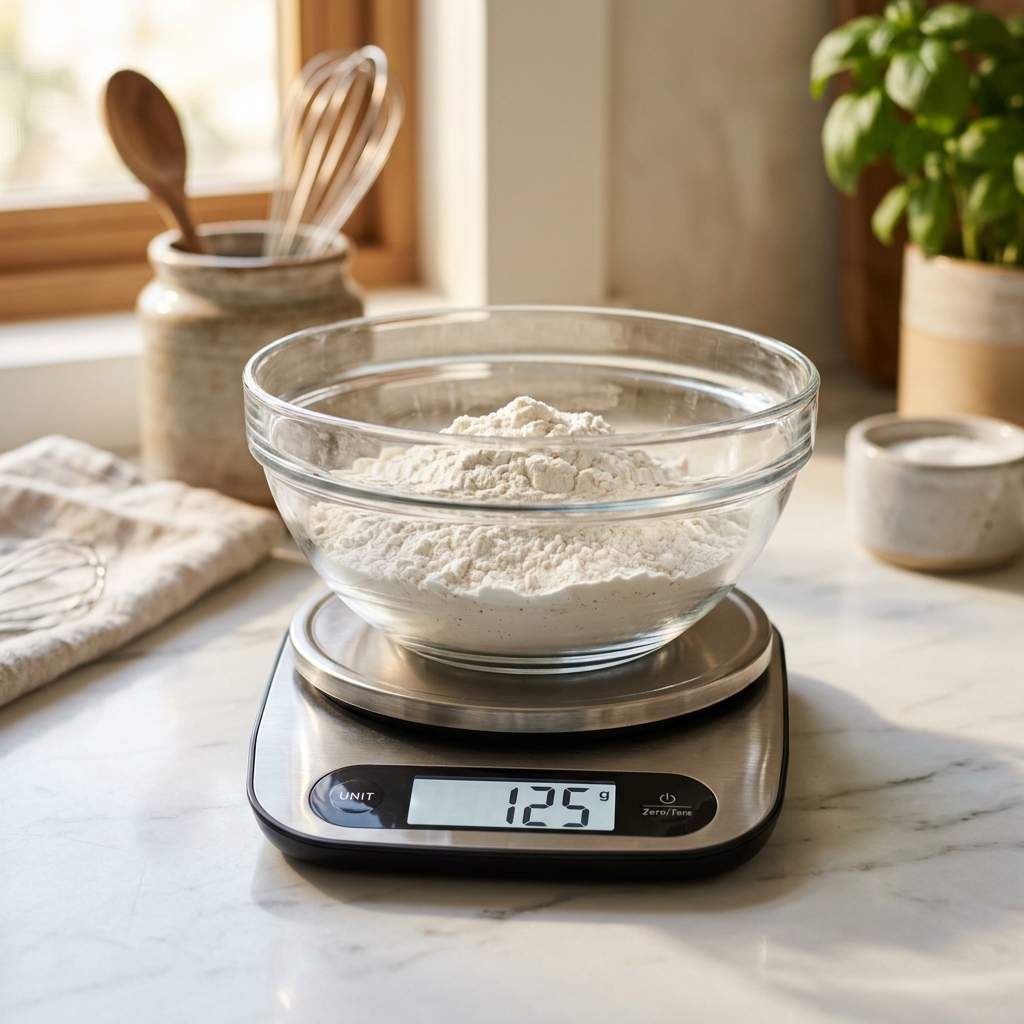 Ingredients on kitchen counter with digital scale