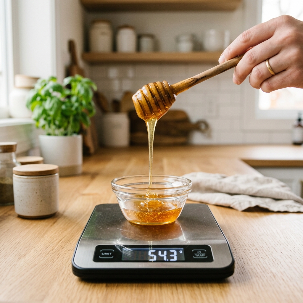 Pouring honey on scale